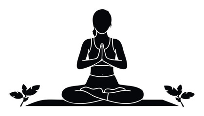 A serene silhouette of a woman practicing yoga in the lotus position with hands in prayer mudra, surrounded by calming plant motifs for health and wellness related projects.
