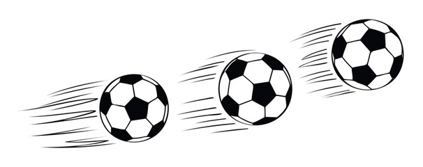 Dynamic graphic depiction of three classic soccer balls moving quickly across the frame, ideal for sports branding, athletic event advertisements, or gamerelated visual content