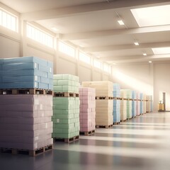 Warehouse interior with stacks of packaged goods on pallets.