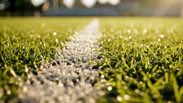 Vibrant green turf athletic field featuring a crisp white painted boundary line in high resolution ultra realistic lush soccer pitch meadow during daytime with professional sporting texture