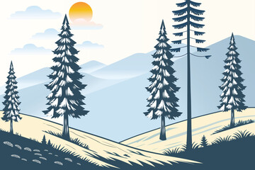 Winter Landscape with Snow-Covered Hills, Pine Trees sunrise and birds. Nature background for Christmas or New Year. Peaceful wintertime scene.