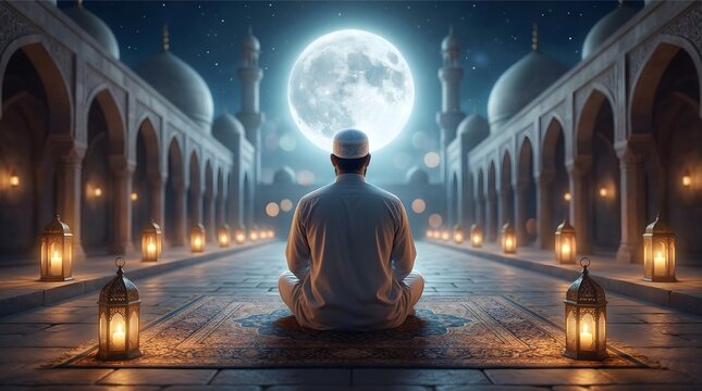 Muslim man praying at night in mosque courtyard under full moon during Laylat al-Qadr in Ramadan