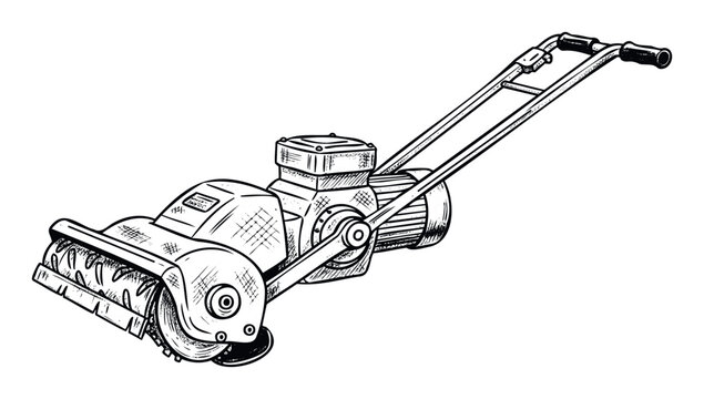 Professional lawn care scarifier equipment with an engine and rotating blades in a hand drawn sketch style for garden maintenance services and home improvement projects.