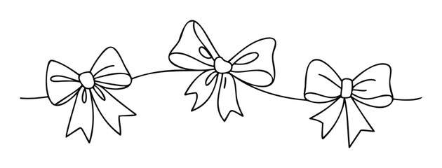 Decorative line drawing of three festive bows connected by a graceful ribbon, perfect for holiday season announcements, gift wrapping motifs, or celebratory event invitations.