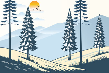 Winter Landscape with Snow-Covered Hills, Pine Trees sunrise and birds. Nature background for Christmas or New Year. Peaceful wintertime scene.