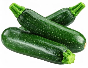 Three fresh green zucchinis overlapping on a stark white background