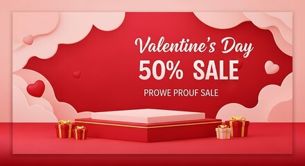 Valentines Day 50 Sale with Gift Boxes and Podium.