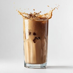 Iced coffee splashes dynamically from a glass, against a white backdrop