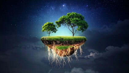 Floating island with trees and roots in the sky at night.