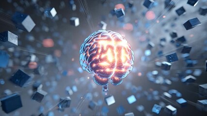 Animating a glowing brain floating among moving cubes in abstract digital scene - Powered by Adobe