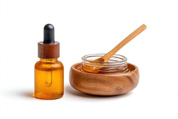 Amber dropper bottle & honey jar, wood stand and spoon, isolated on white
