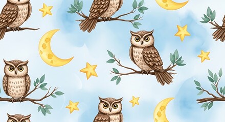 Whimsical Watercolor Night Scene with Adorable Owls and Celestial Elements.