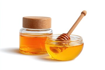 Two jars of golden honey, one capped, one with a dipper