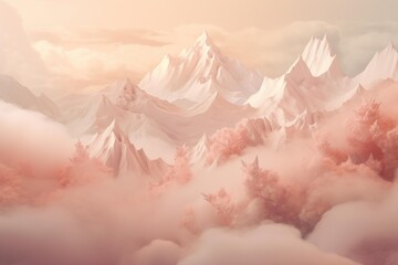 Majestic fantasy mountains rising above a dreamlike landscape of pink clouds and mist