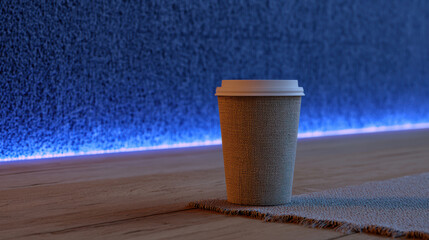 Paper coffee cup on wooden table with textured wall and blue LED backlight creating cozy mood