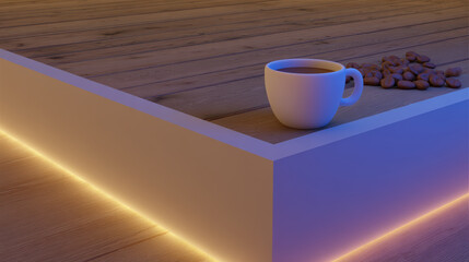 Cozy cup of coffee on wooden platform with scattered coffee beans and warm LED glow