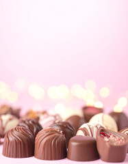 Assorted gourmet chocolate truffles on pink background for valentine's day