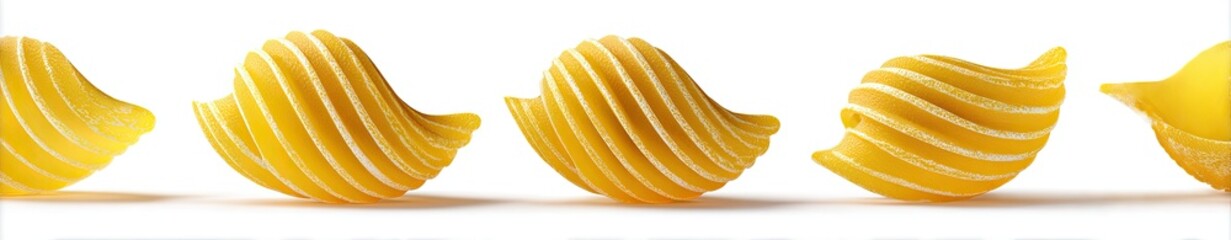 Five ridged, shell-shaped pasta pieces in a row against a white backdrop