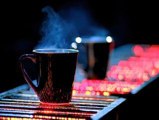 Steaming black mug on illuminated table with colorful bokeh lights creating cozy nighttime mood