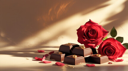 Romantic Valentine Day still life with red roses and gourmet dark chocolate pralines