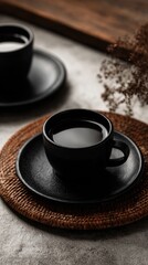 Two matte black coffee cups on textured placemats, moody lighting