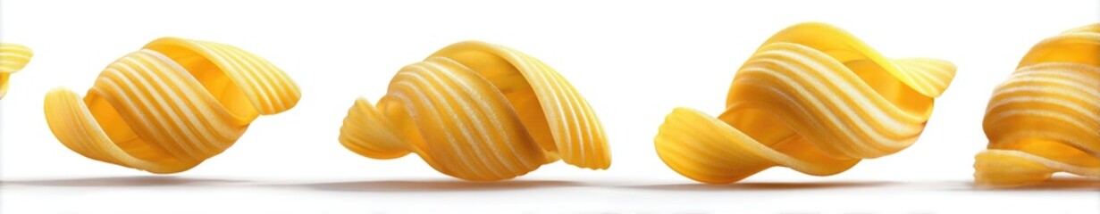 Butter curls, yellowish, with ridges and swirls, on white background