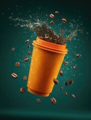 Coffee cup with splash, coffee beans, orange cup, teal backdrop, dynamic