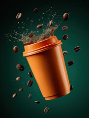 Orange to-go cup with coffee splash, beans floating on a deep teal background