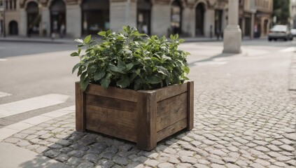 Wooden planter box with lush green plants on a cobbled street corner
