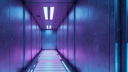 Futuristic neon hallway bathed in purple and blue illumination