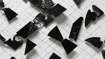 Black geometric shapes scattered on a tiled, textured white surface