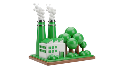3D Green Factory with Trees and Smoke