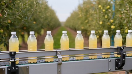 Conveyor line with glass bottles filled with apple juice, apple orchard in background, illustrating organic apple juice production, bottling, and packaging process