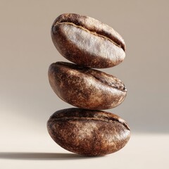 Stacked coffee beans, brown and textured, against a soft, neutral background
