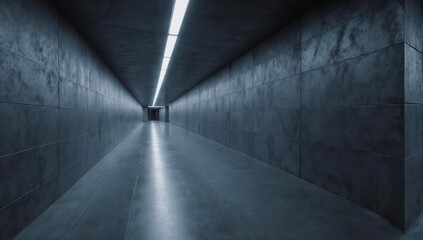 Dark, symmetrical concrete corridor with linear lighting and a distant exit