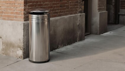 Shiny trash can on a sidewalk beside a brick wall, sunlight