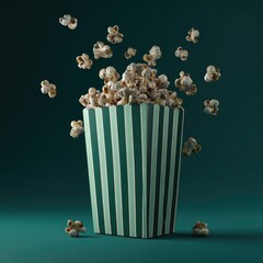 Popcorn bursts from a teal striped box