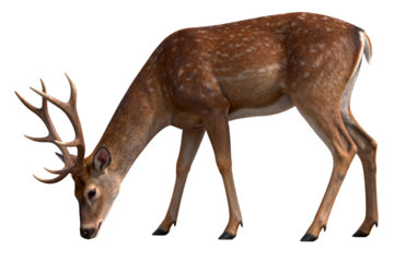 Male deer with antlers grazing on grass