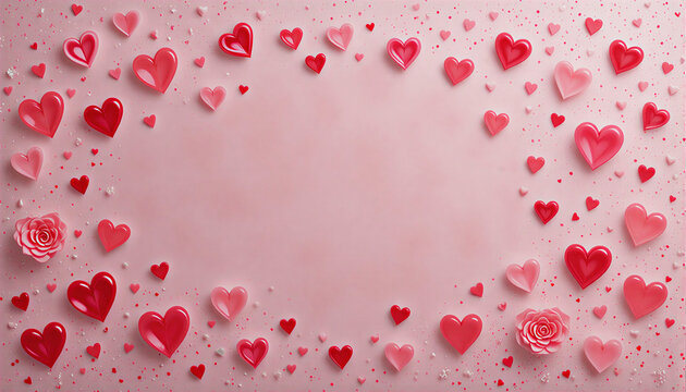 R&oacute;żowe tło z sercami i r&oacute;żami, romantyczna ramka walentynkowa 3D z wolnym miejscem na tekst