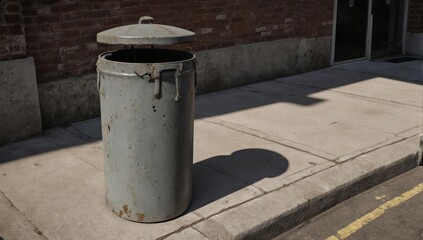 A weathered, metallic trash can sits on a sidewalk