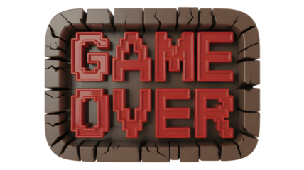 Pixel art style GAME OVER text rendered in vibrant red with a rough cracked brown stone frame on a dark black background displaying a gaming failure c