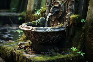 Ancient stone fountain adorned with intricate carvings, overflowing with fresh water in a hidden forest