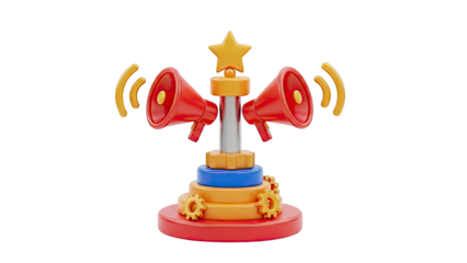 3D Red Megaphones Announcing with Golden Star and Gears