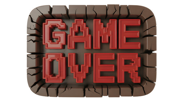 Pixel art style GAME OVER text rendered in vibrant red with a rough cracked brown stone frame on a dark black background displaying a gaming failure c - Powered by Adobe