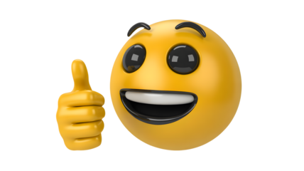 A cheerful three dimensional yellow emoji face with wide smile and bright eyes joyfully displays a positive thumbs up gesture on a solid black backgro