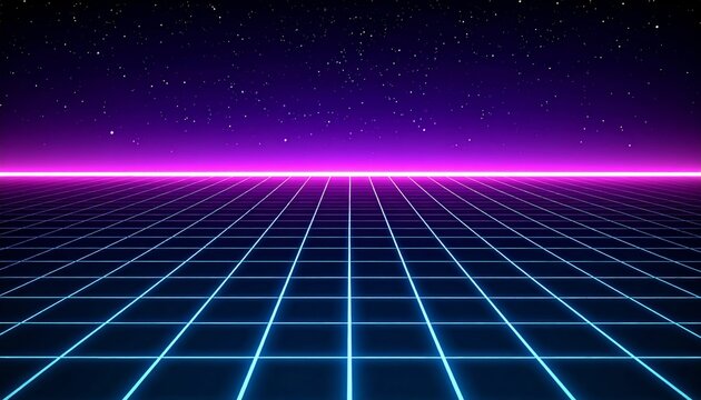 Retro futuristic neon grid landscape with glowing purple horizon.