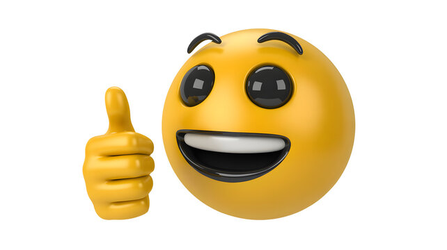 A cheerful three dimensional yellow emoji face with wide smile and bright eyes joyfully displays a positive thumbs up gesture on a solid black backgro - Powered by Adobe