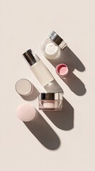 Cosmetic jars and bottles, light beige background