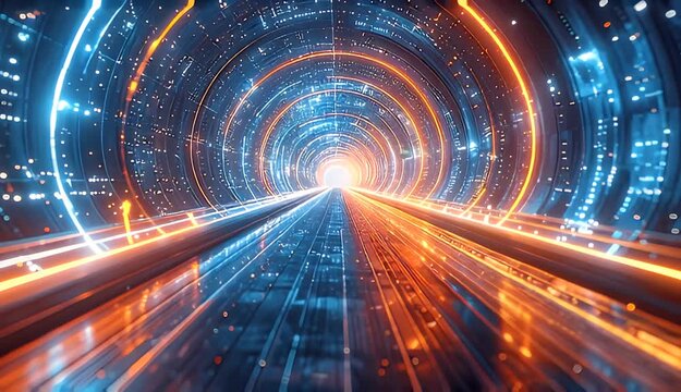 Abstract Futuristic Tunnel With Glowing Orange And Blue Neon Lights And Data Streams Traveling Into Bright Light