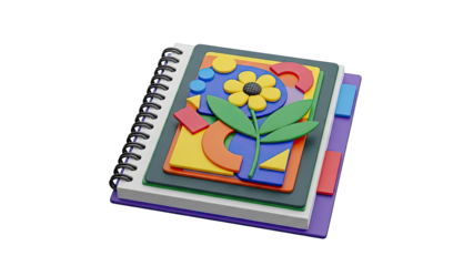 3D Rendered Spiral Notebook with Colorful Abstract Shapes and Flower